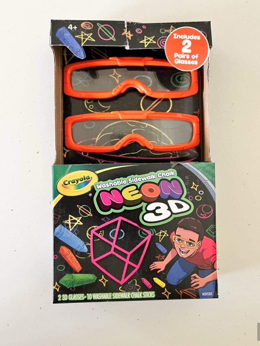 NIB Crayola Neon 3D Washable Sidewalk Chalk Set w/ 10 Chalk & 2 Pairs 3D Glasses